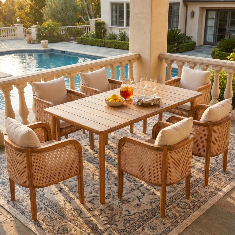 English Elm Marlow Acacia Wood Outdoor Dining Set with Six Woven Rattan Arm Chairs for Patio Teak / Yellow Rattan / Beige Cushions N775P482255T-6_N775P235144T