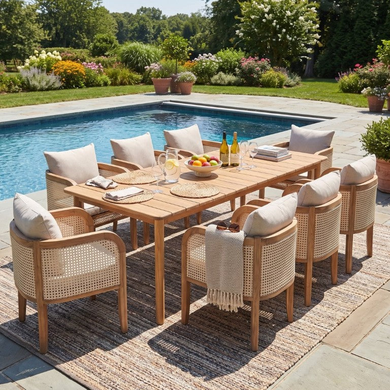 English Elm Marlow 9 Piece Acacia Wood Patio Dining Set with Woven Rattan Chairs and Cushions Natural / White N775P482255W-8_N775P367562G