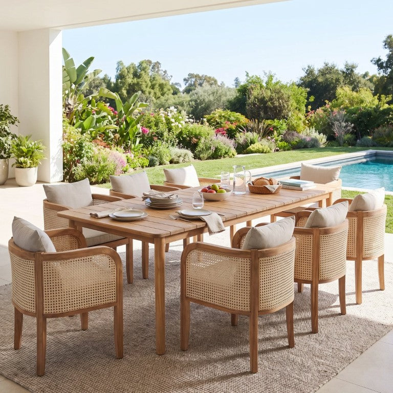 English Elm Marlow 9 Piece Acacia Wood Patio Dining Set with Woven Rattan Chairs and Cushions Natural / White N775P482255W-8_N775P367562G