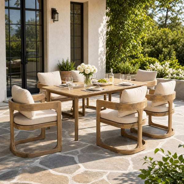 English Elm Aiden Acacia Hardwood Outdoor Dining Set Six Cushioned Sled Arm Chairs Patio Natural Light Teak N775P484202N-S6_N775P235144G