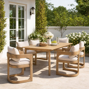 English Elm Aiden Acacia Hardwood Outdoor Dining Set Six Cushioned Sled Arm Chairs Patio Natural Light Teak N775P484202N-S6_N775P235144G