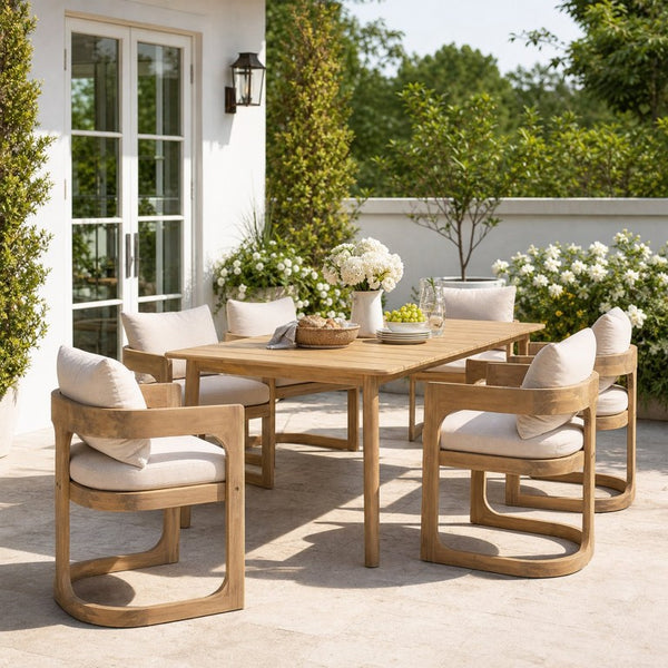 English Elm Aiden Acacia Hardwood Outdoor Dining Set Six Cushioned Sled Arm Chairs Patio Natural Light Teak N775P484202N-S6_N775P235144G