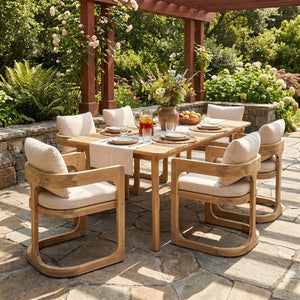 English Elm Aiden Acacia Hardwood Outdoor Dining Set Six Cushioned Sled Arm Chairs Patio Natural Light Teak N775P484202N-S6_N775P235144G