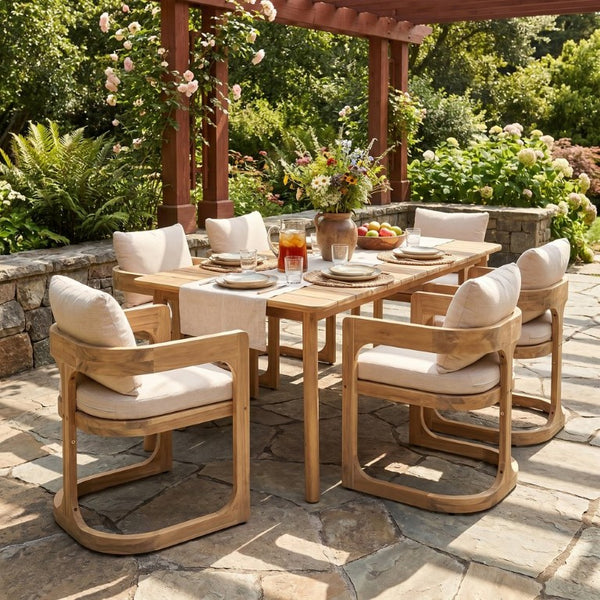 English Elm Aiden Acacia Hardwood Outdoor Dining Set Six Cushioned Sled Arm Chairs Patio Natural Light Teak N775P484202N-S6_N775P235144G