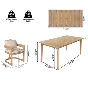 English Elm Aiden Acacia Hardwood Outdoor Dining Set Six Cushioned Sled Arm Chairs Patio Natural Light Teak N775P484202N-S6_N775P235144G