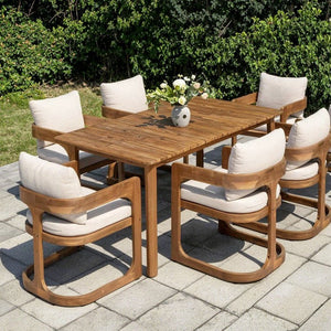 English Elm Aiden Acacia Hardwood Outdoor Dining Set Six Cushioned Sled Arm Chairs Patio Teak N775P484202T-S6_N775P235144T