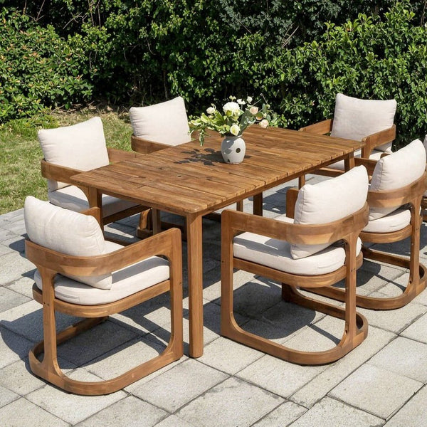 English Elm Aiden Acacia Hardwood Outdoor Dining Set Six Cushioned Sled Arm Chairs Patio Teak N775P484202T-S6_N775P235144T