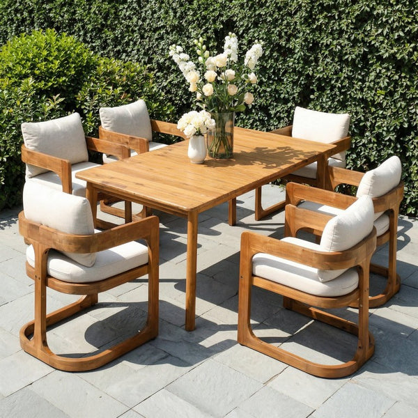 English Elm Aiden Acacia Hardwood Outdoor Dining Set Six Cushioned Sled Arm Chairs Patio Teak N775P484202T-S6_N775P235144T