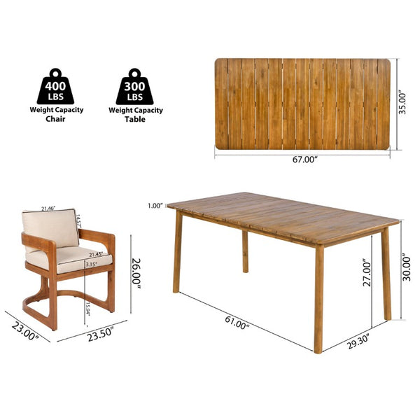 English Elm Aiden Acacia Hardwood Outdoor Dining Set Six Cushioned Sled Arm Chairs Patio Teak N775P484202T-S6_N775P235144T
