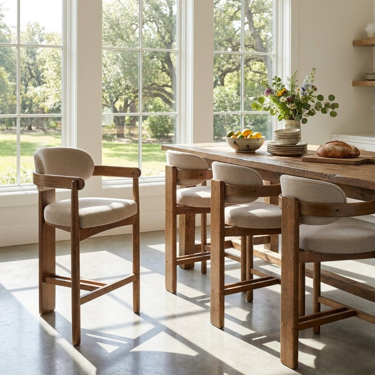 English Elm Queena Mid-Century Rubberwood Counterstools with Curved Arms and Linen Upholstery Set of 4 N775P491433B-S4