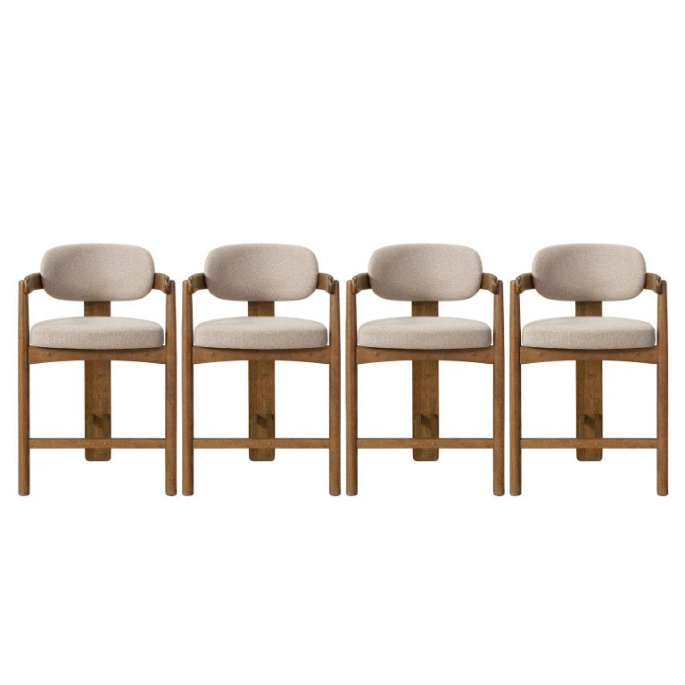 English Elm Queena Mid-Century Rubberwood Counterstools with Curved Arms and Linen Upholstery Set of 4 N775P491433B-S4