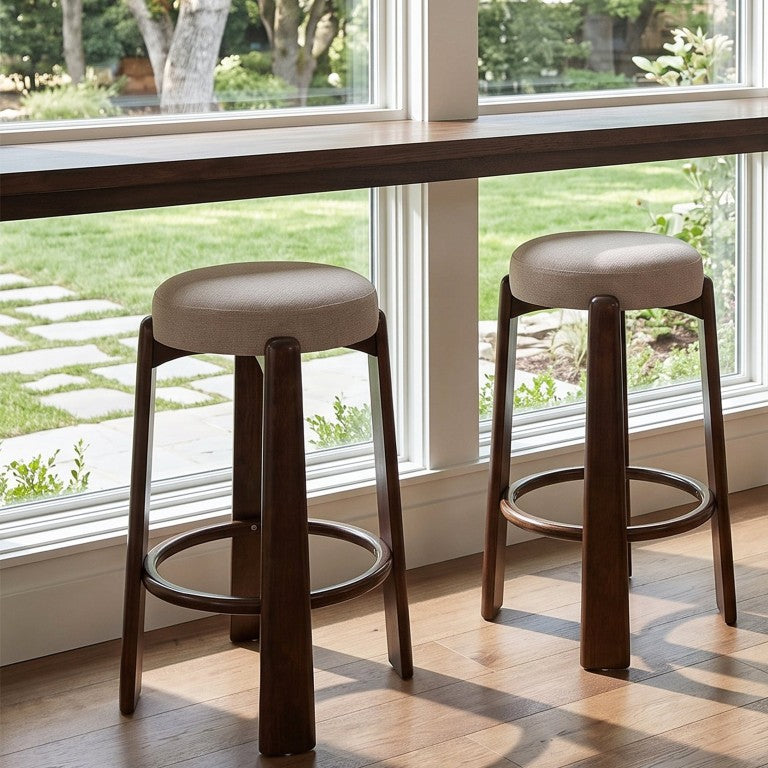 English Elm Eleanore Solid Rubberwood Backless Counter Stools Cushioned Walnut Finish Kitchen Island Beige Set of 2 N775P491563B