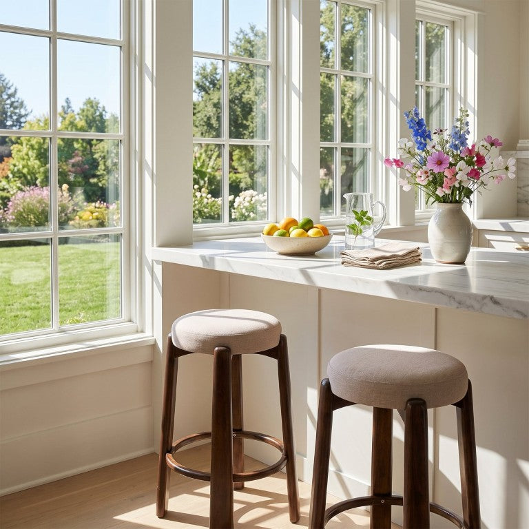 English Elm Eleanore Solid Rubberwood Backless Counter Stools Cushioned Walnut Finish Kitchen Island Beige Set of 2 N775P491563B