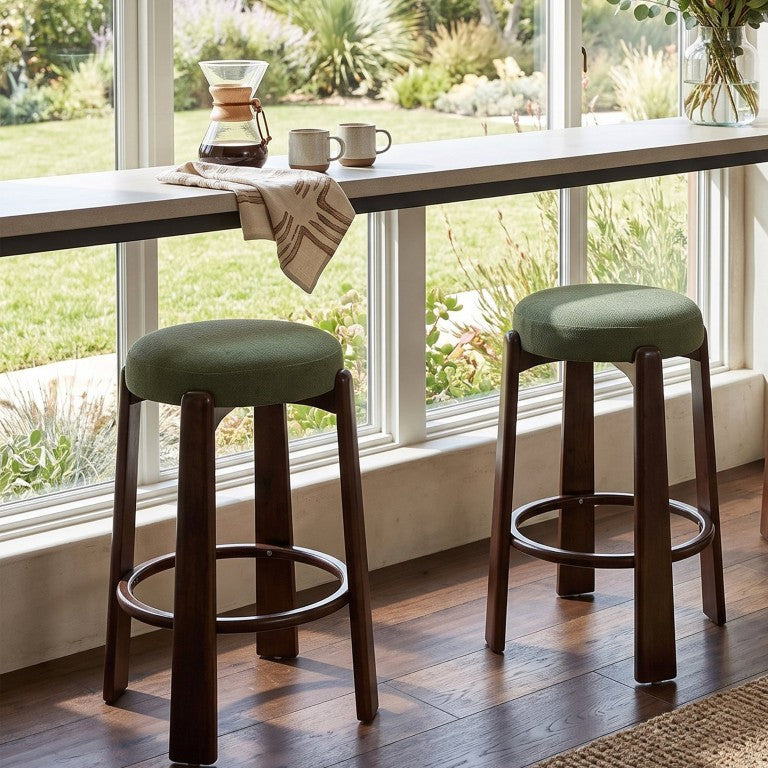 English Elm Eleanore Mid-Century Rubberwood Counter Stools Walnut Frame Upholstered Seat Set of 2 N775P491563G