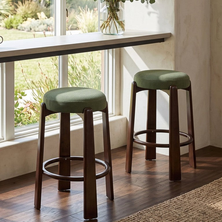 English Elm Eleanore Mid-Century Rubberwood Counter Stools Walnut Frame Upholstered Seat Set of 2 N775P491563G