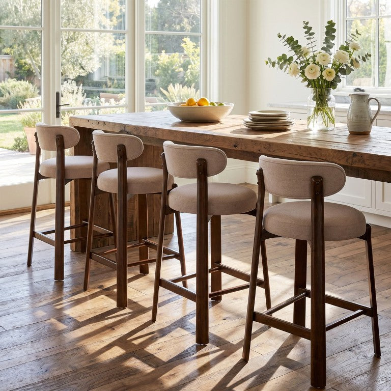 English Elm Eleanore Solid Rubberwood Counter Stools with Padded Seat Mid-Century Walnut Finish Beige Set of 4 N775P491591B-S4
