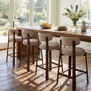 English Elm Eleanore Solid Rubberwood Counter Stools with Padded Seat Mid-Century Walnut Finish Beige Set of 4 N775P491591B-S4