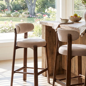 English Elm Eleanore Solid Rubberwood Counter Stools with Padded Seat Mid-Century Walnut Finish Beige Set of 2 N775P491591B