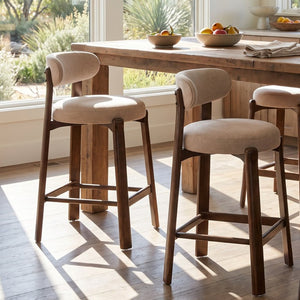 English Elm Eleanore Solid Rubberwood Counter Stools with Padded Seat Mid-Century Walnut Finish Beige Set of 2 N775P491591B