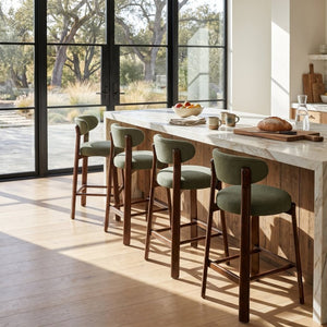 English Elm Eleanore Solid Rubberwood Counter Stools with Padded Seat Mid-Century Walnut Finish Green Set of 4 N775P491591G-S4