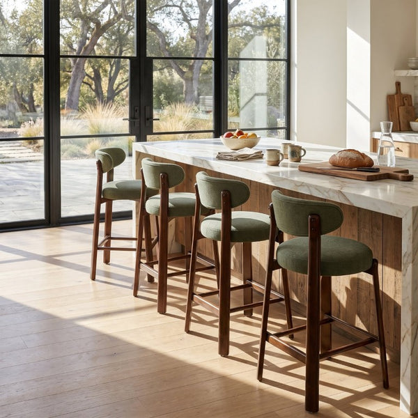 English Elm Eleanore Solid Rubberwood Counter Stools with Padded Seat Mid-Century Walnut Finish Green Set of 4 N775P491591G-S4