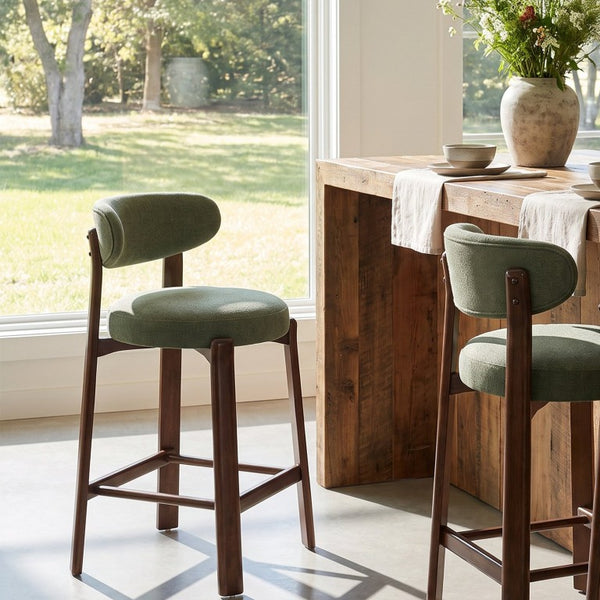 English Elm Eleanore Solid Rubberwood Counter Stools with Padded Seat Mid-Century Walnut Finish Green Set of 2 N775P491591G