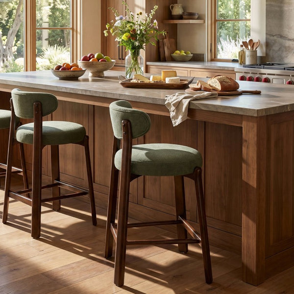English Elm Eleanore Solid Rubberwood Counter Stools with Padded Seat Mid-Century Walnut Finish Green Set of 2 N775P491591G