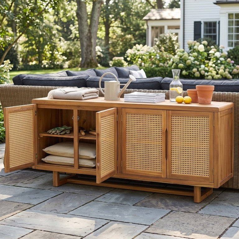 English Elm Vaelin Outdoor Acacia Wood Sideboard with Woven Wicker Doors Teak Weatherproof Finish N775P491604T