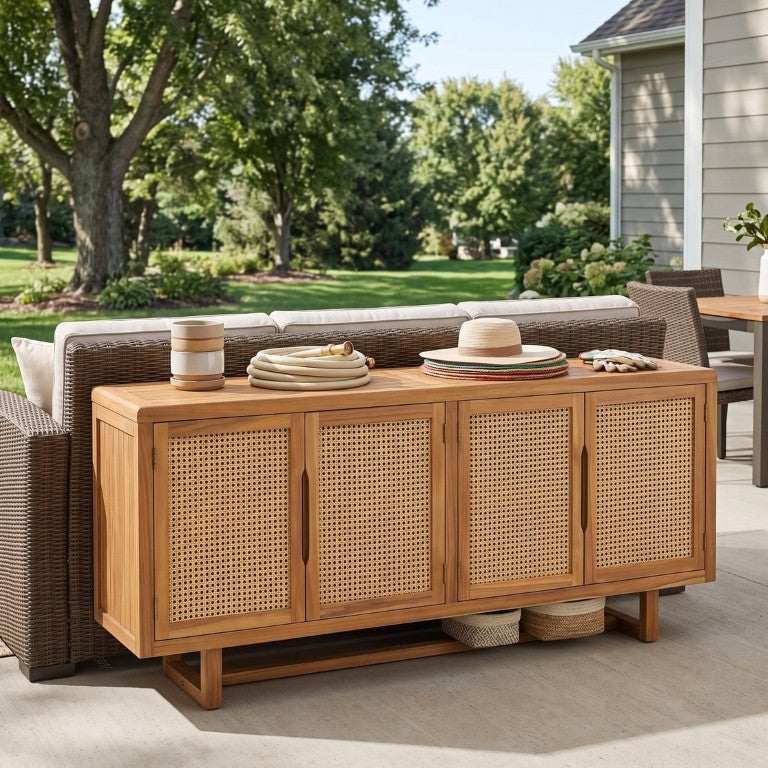 English Elm Vaelin Outdoor Acacia Wood Sideboard with Woven Wicker Doors Teak Weatherproof Finish N775P491604T
