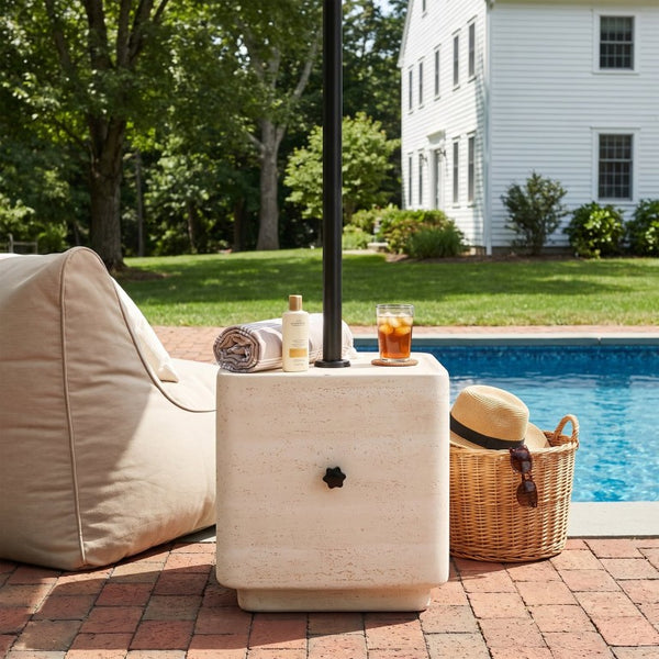 English Elm Daphne Outdoor MGO Travertine Umbrella Base with Sand Fill and Square Side Table Top N775P493676B