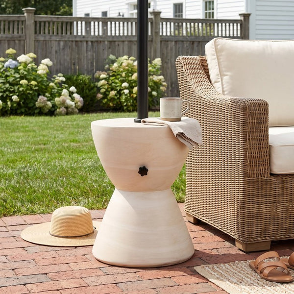 English Elm Sandra Outdoor MGO Hourglass Side Table with Sand Fill Umbrella Base Natural Beige N775P493681B