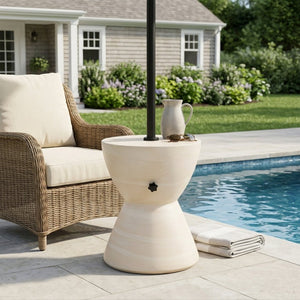 English Elm Sandra Outdoor MGO Hourglass Side Table with Sand Fill Umbrella Base Natural Beige N775P493681B
