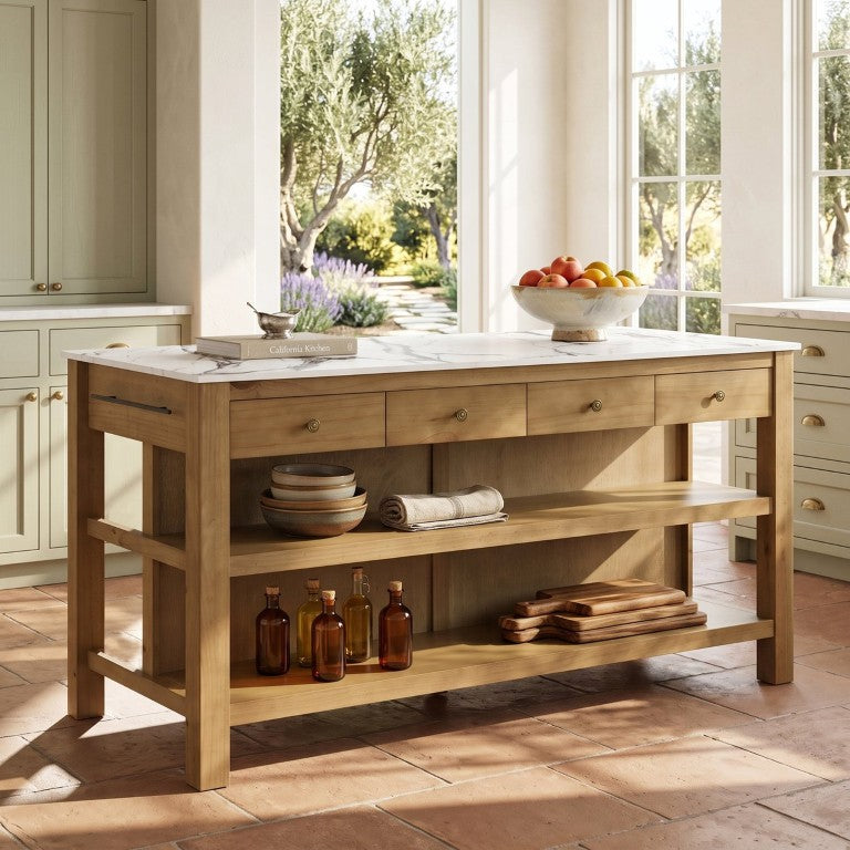 English Elm Dorothy Farmhouse Kitchen Island Pine Frame Marble Look Top Four Drawers Open Shelving N775P494011W_N775P494012W