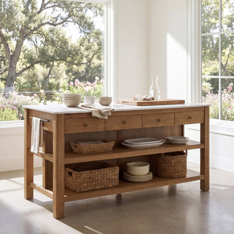 English Elm Dorothy Farmhouse Kitchen Island Pine Frame Marble Look Top Four Drawers Open Shelving N775P494011W_N775P494012W