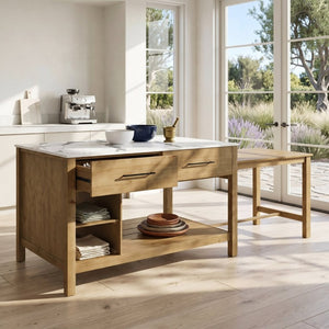 English Elm Agatha Pine Wood Kitchen Island with Marble Top Pull Out Table and Storage Shelves N775P494042W_N775P494043W