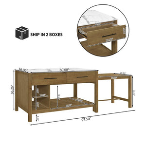 English Elm Agatha Pine Wood Kitchen Island with Marble Top Pull Out Table and Storage Shelves N775P494042W_N775P494043W