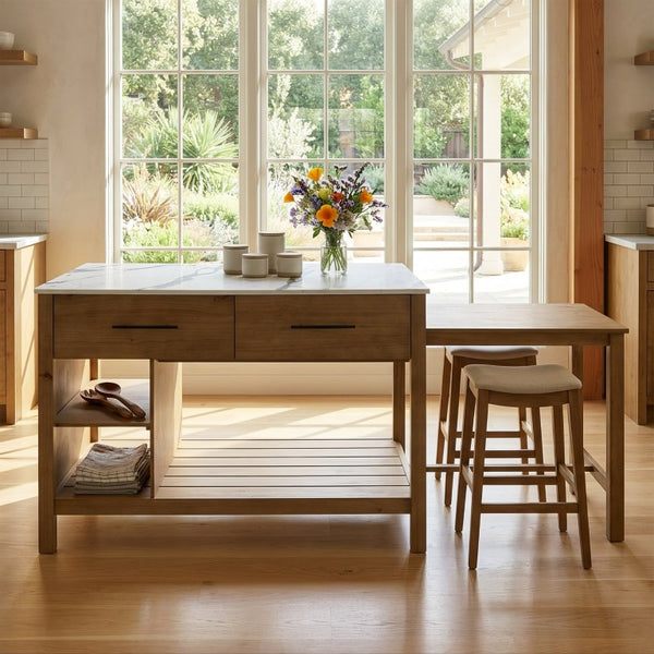 English Elm Agatha Pine Wood Kitchen Island with Marble Top Pull Out Table and Storage Shelves N775P494042W_N775P494043W