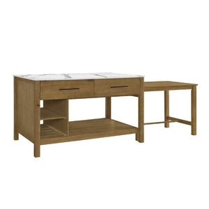 English Elm Agatha Pine Wood Kitchen Island with Marble Top Pull Out Table and Storage Shelves N775P494042W_N775P494043W