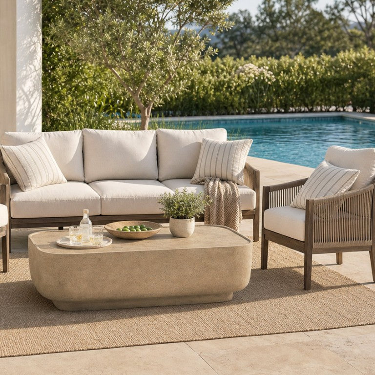 English Elm Victoria Sculptural MGO Coffee Table Travertine Stone Finish for Indoor Outdoor Living N775P494346B