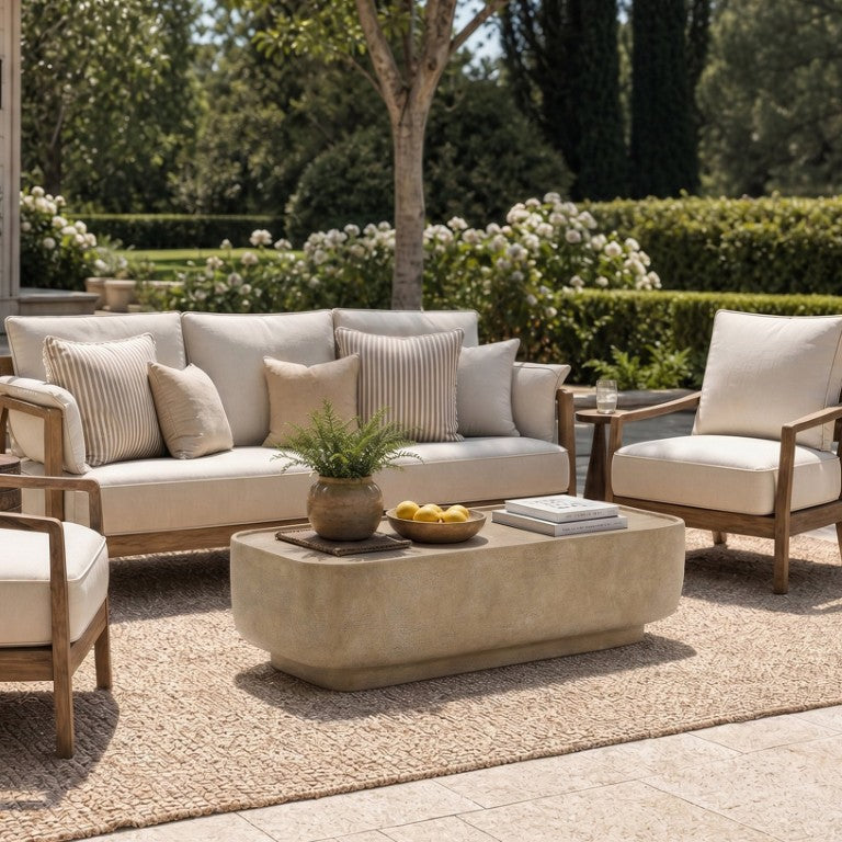 English Elm Victoria Sculptural MGO Coffee Table Travertine Stone Finish for Indoor Outdoor Living N775P494346B