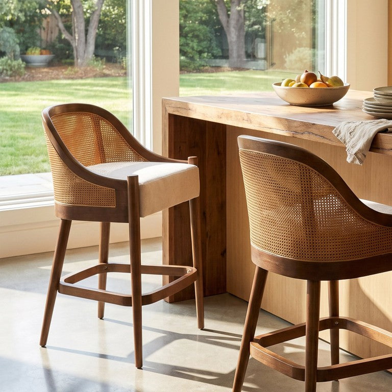 English Elm Rheanna Rubberwood Counter Stool Woven Rattan Back Cushioned Seat Mid-Century Modern Walnut Set of 2 N775P500234W
