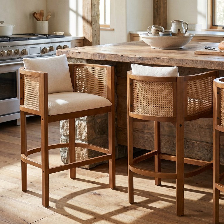 English Elm Genie Woven Rattan Barrel Back Counterstools Rubberwood Frame Bohemian Set of 2 N775P502377W