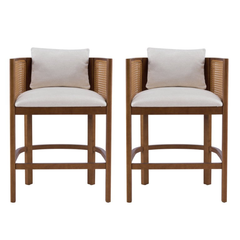English Elm Genie Woven Rattan Barrel Back Counterstools Rubberwood Frame Bohemian Set of 2 N775P502377W