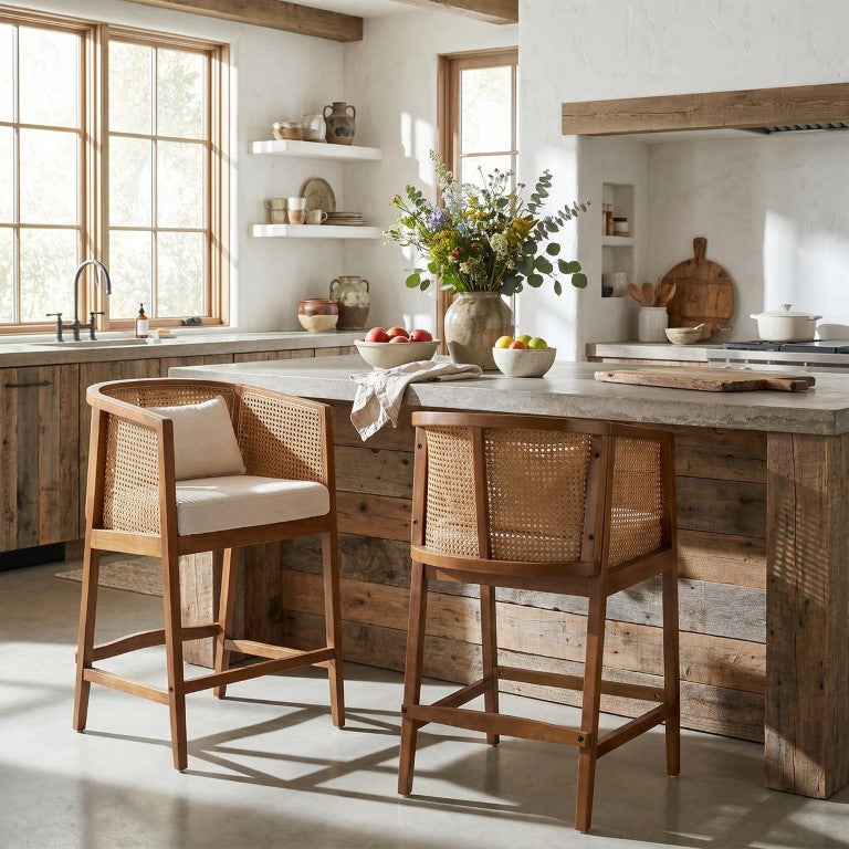 English Elm Mysie Barrel Back Rattan Cane Counter Stools with Rubberwood Frame Set of 2 N775P502383W