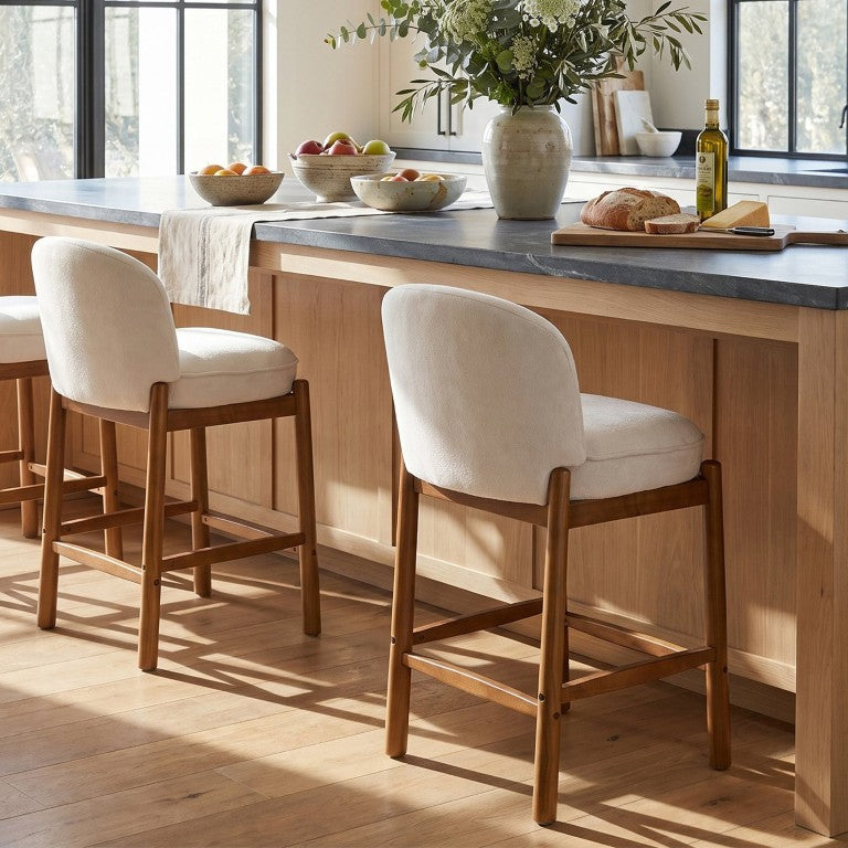 English Elm Leyla Boucle Fabric Counterstools with Walnut Rubberwood Base Curved Back Set of 2 N775P502387B