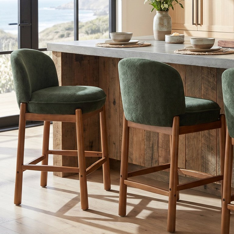 English Elm Leyla Boucle Counterstools Set of 2 Walnut Rubberwood Frame Curved Cocoon Back Green N775P502387G