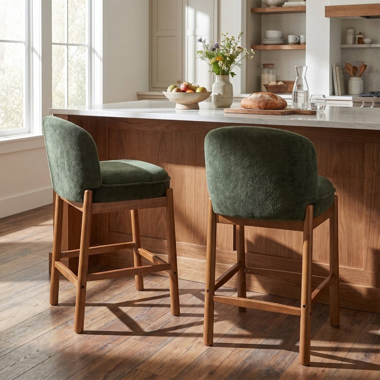 English Elm Leyla Boucle Counterstools Set of 2 Walnut Rubberwood Frame Curved Cocoon Back Green N775P502387G