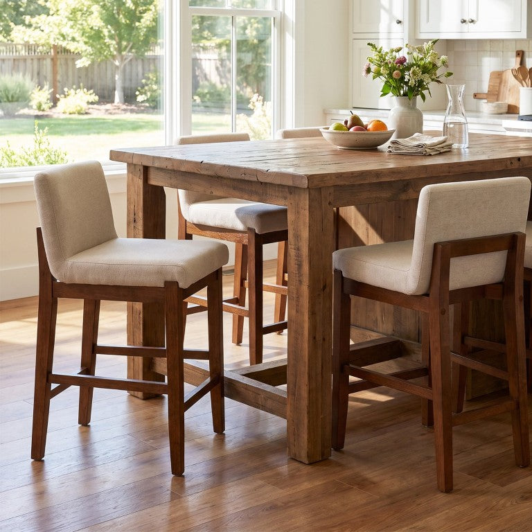 English Elm Daniela Rubberwood Counter Stools Beige Upholstered Armless Scandinavian Kitchen Pair Walnut Set of 4 N775P506035W-S4