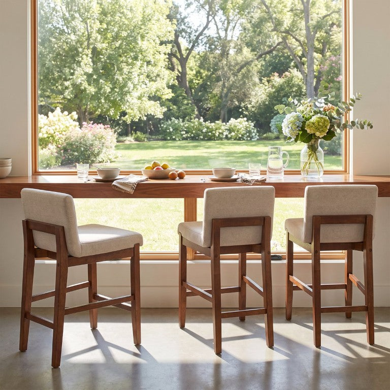 English Elm Daniela Rubberwood Counter Stools Beige Upholstered Armless Scandinavian Kitchen Pair Walnut Set of 4 N775P506035W-S4