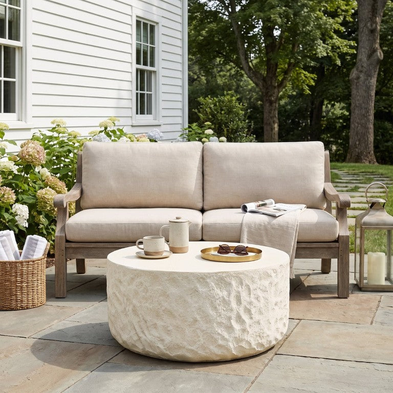English Elm Evangeline Outdoor Round MGO Drum Coffee Table with Stone Texture Cream Finish N775P508261C